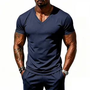 Detail shot of men's athletic V-neck quick-dry mesh T-shirt showing breathable fabric.