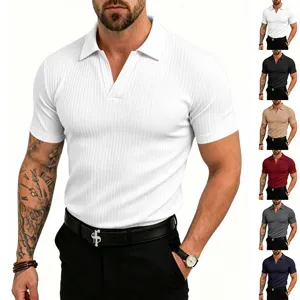Hombre Verano Casual Acanalado Tejido Polo Camisa Cuello V Manga Corta Camiseta Blanco