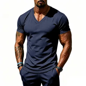 Detail view of men's athletic V-neck quick-dry short sleeve t-shirt in dark blue color.