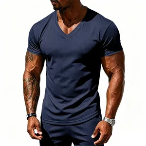 Men's breathable mesh V-neck short sleeve athletic t-shirt detail for fitness workout activewear
