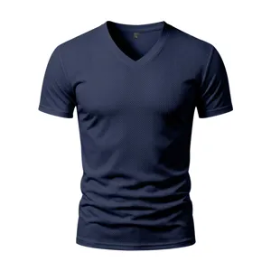 Men's navy blue V-neck quick-dry athletic short sleeve fitness t-shirt detailed view.