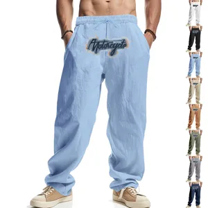Men's casual linen loose wide leg streetwear hip hop washed embroidered sweatpants