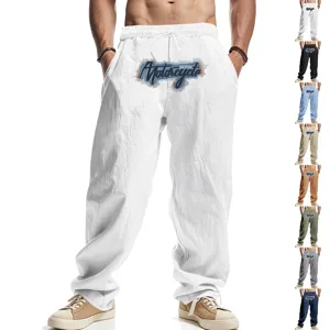 Men's Casual Linen Blend Loose Wide Leg Pants High Street Hip Hop Style Embroidered Drawstring Waist Breathable Trousers