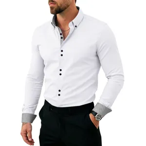 Men's white long sleeve dress shirt contrast cuff slim fit business casual shirt.