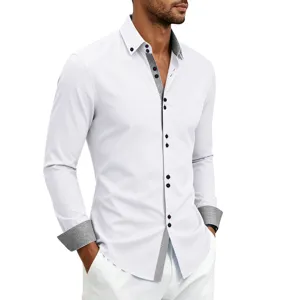 Men's stylish long sleeve business casual dress shirt with contrast print details.