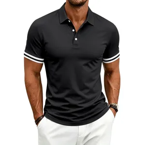 Men casual color block lapel short sleeve polo shirt, stylish contrast stripe design.