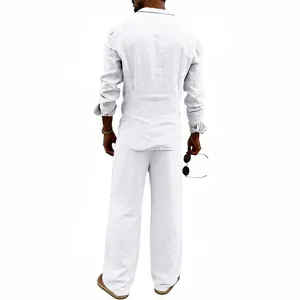 Men casual linen long sleeve shirt and straight pants set, breathable two piece outfit.