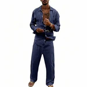 Men casual linen long sleeve shirt and straight pants two piece set in dark blue color.