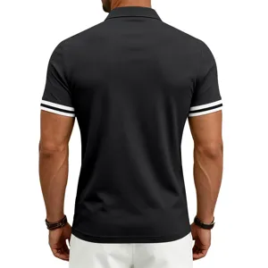 Back view of a casual black short sleeve polo shirt with white contrast stripes on sleeves.