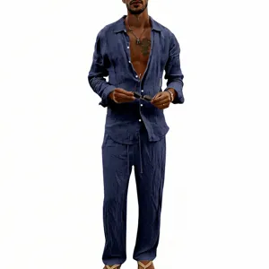 Men's casual linen long sleeve shirt and straight trousers two-piece set, breathable and loose.