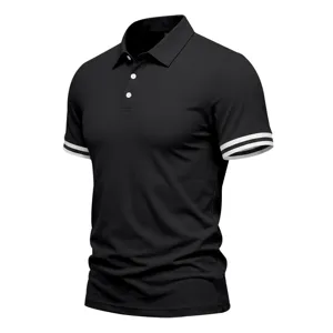 Detailed view of black short sleeve polo shirt featuring white contrast striped cuffs.