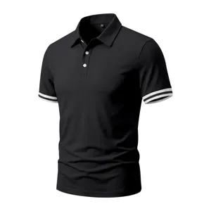 Men's casual short sleeve polo shirt with contrast color cuffs and lapel design for summer.