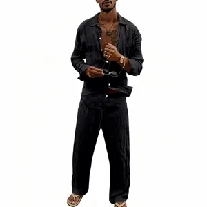 Casual men's linen shirt and trousers detail view, showing breathable fabric and button design.