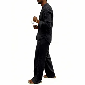 Men casual loose breathable linen long sleeve shirt and straight leg trousers set in black.