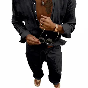 Men's casual black linen long sleeve shirt and straight pants set for comfortable daily wear.