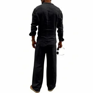 Back view detail of men casual black linen long sleeve shirt and straight trousers suit set.