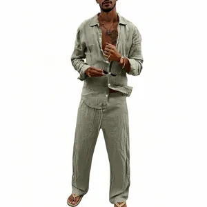 Detailed view of casual men's linen long sleeve shirt and trousers set in light green.