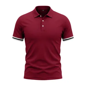 Close up detail of men maroon polo shirt short sleeve featuring contrast striped cuffs.
