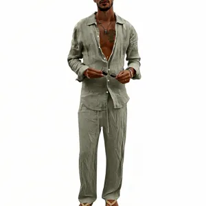 Men's casual linen long sleeve shirt and straight pants set for comfortable daily wear.