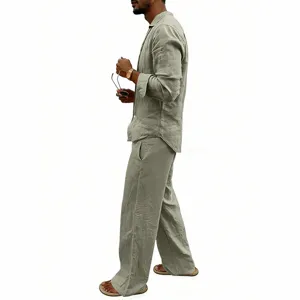Men casual breathable linen long sleeve shirt and straight leg pants set in sage green.