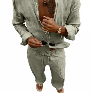 Men casual loose breathable linen long sleeve shirt straight leg pants set detail view.