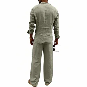 Men's casual long sleeve linen shirt and wide leg trousers two-piece set in sage green.