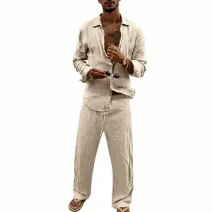 Men casual loose breathable linen long sleeve shirt straight pants two piece set detail