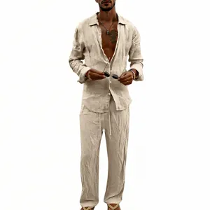 Casual linen shirt and trousers detail, breathable fabric, loose fit, comfortable daily wear.