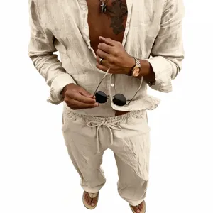 Casual men's linen long sleeve shirt and straight pants set, breathable loose two piece outfit.