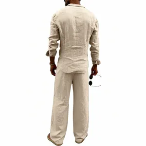Men casual linen long sleeve shirt straight trousers two piece set back view detail shot