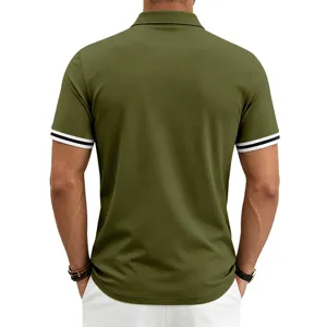 Detail view of men's short sleeve polo shirt in olive green with stylish contrast striped cuffs.