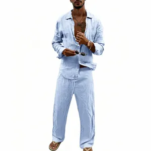 Men's casual linen long sleeve shirt and straight pants set, breathable two-piece outfit.