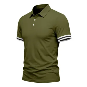 Men's short sleeve polo shirt army green casual slim fit lapel t-shirt with color block cuffs
