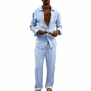 Men casual light blue linen long sleeve shirt straight pants two piece set breathable