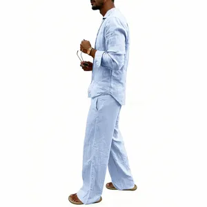 Men's casual loose breathable linen long sleeve shirt and straight trousers set.