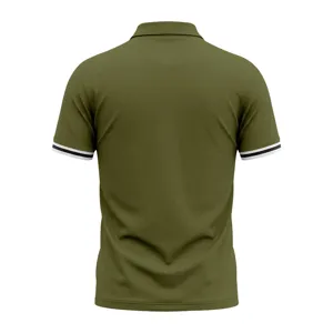 Detail view of the olive green men's polo shirt back, featuring contrast striped cuffs.