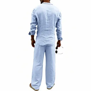 Men's casual breathable linen long sleeve shirt and straight pants set, back detail.