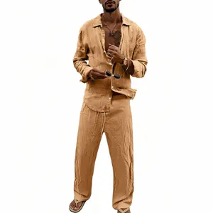 Men casual linen long sleeve shirt and straight pants set in khaki for daily wear and summer.