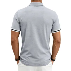 Back view detail of men casual grey polo shirt with contrast collar trim and short sleeves.