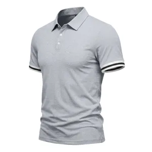 Men's Casual Short Sleeve Polo Shirt Grey Turn-Down Collar Contrast Striped Cuffs