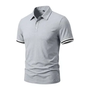 Men's casual short sleeve polo shirt with contrast striped cuffs for summer daily wear.