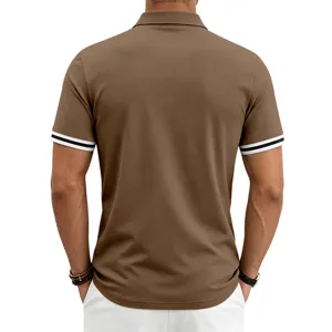 Back view of a stylish brown men's polo shirt with contrast striped short sleeves.