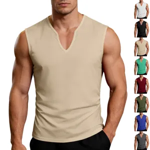 Detail view of men's casual V-neck sleeveless vest with various color options for gym.