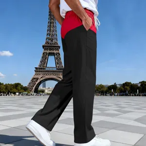 Men's loose casual color block straight leg pants, stylish high street trousers for autumn.
