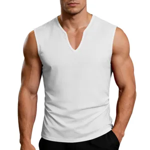 Men's V-neck sleeveless fitness tank top detail, breathable quick-dry fabric, white color.
