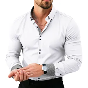 Men's long sleeve contrast dress shirt with patterned cuffs, collar, and button placket.