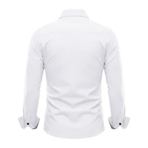 Back view detail of men's white long sleeve dress shirt showing structured collar and cuffs.
