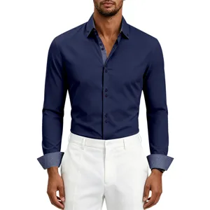 Men's contrast long sleeve dress shirt slim fit business casual button down shirt detail