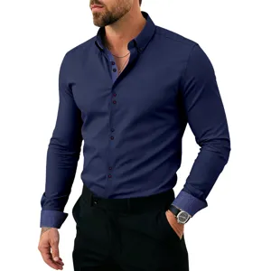 Close-up detail of mens long sleeve dress shirt with contrast geometric pattern collar cuffs.