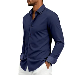 Men's business casual long sleeve dress shirt with contrast color details, detail shot.